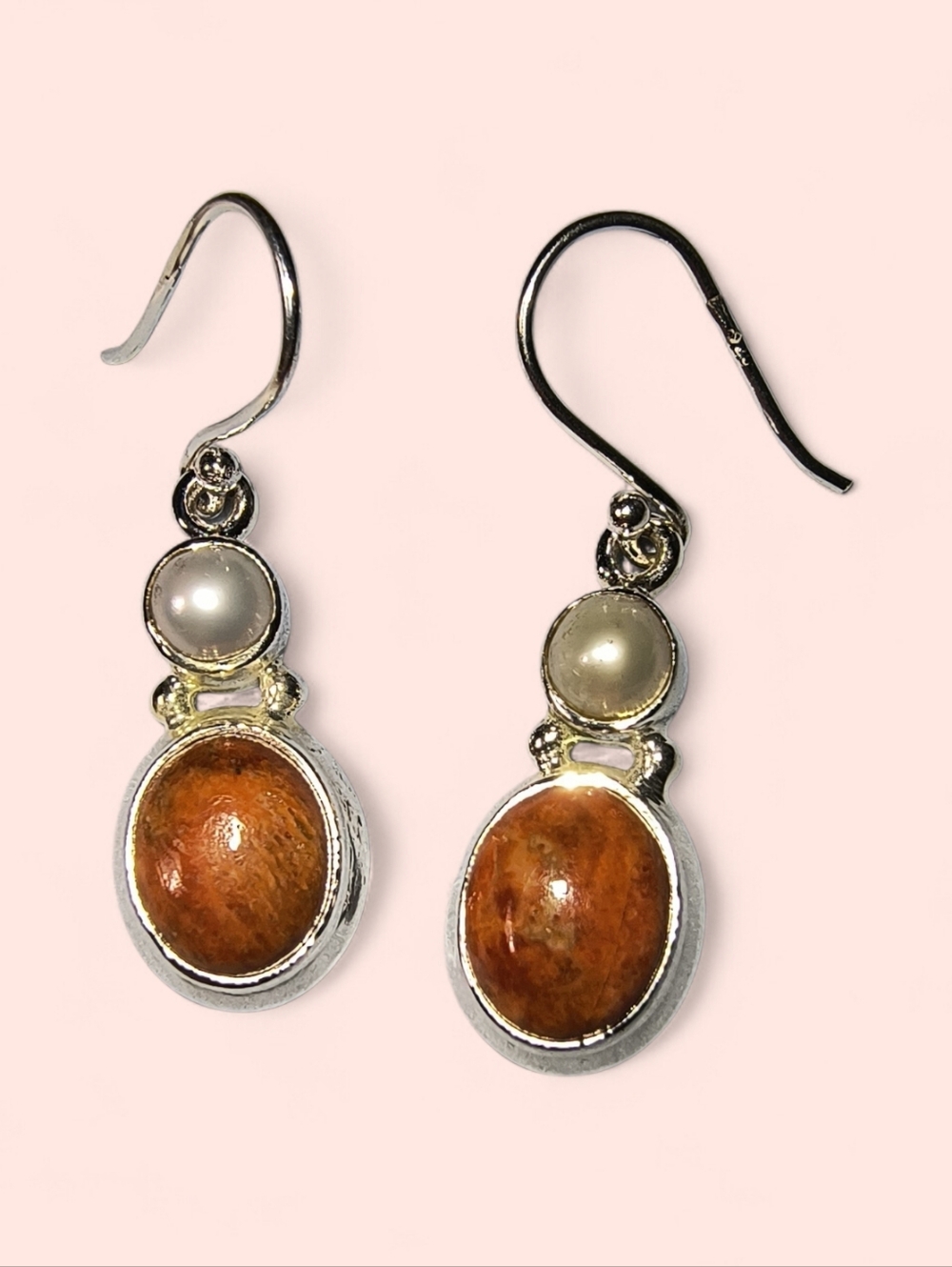 Orange Mojave Turquoise, Pearl & Sterling Silver Dangle Earrings